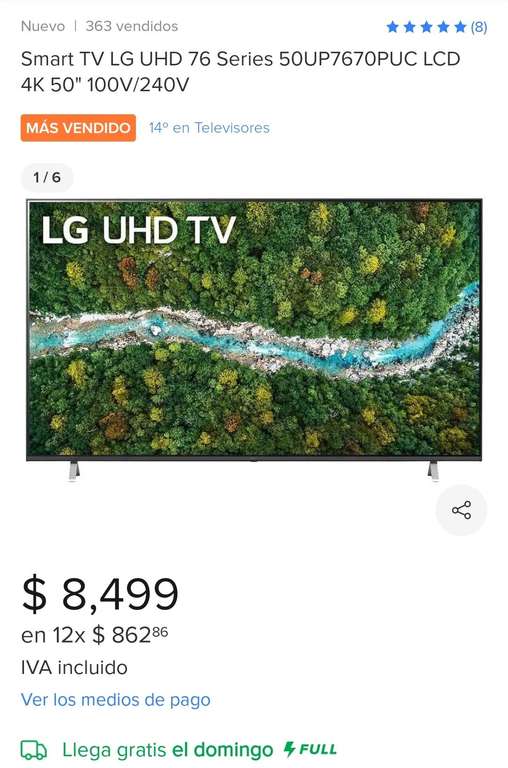 Mercado Libre Smart TV LG 4K 50" ($7649.10)
