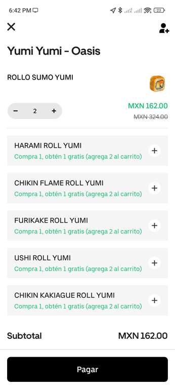 Uber eats - YUMI YUMI - 2 rollos por 72 pesos (varios tipos de rollos) | cupón de $90 en compras de $300 + 2x1