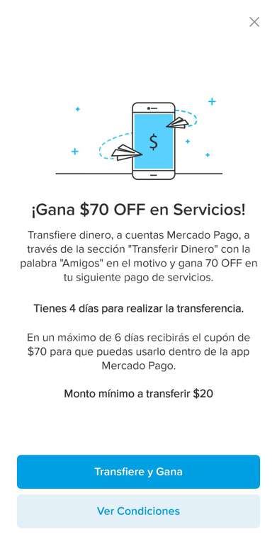 Mercado Pago: Gana $70 al transferir dinero a cuentas de MPago a través de la sección "transferir dinero" con el motivo "AMIGOS"
