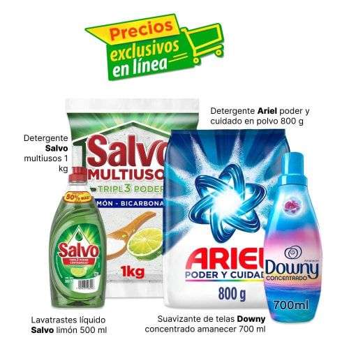Despensa Bodega Aurrera: Combo Detergente Salvo 1 kg + Lavatrastres Salvo 500 ml + Detergente Ariel 800 g + Suavizante Downy 700 ml