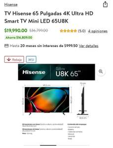 Walmart: TV Hisense 65 Pulgadas 4K Ultra HD Smart TV Mini LED 65U8K, PROMOCION CON AMEX hasta 15 msi