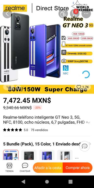 AliExpress: Celular Realme GT neo 3 a precio de lanzamiento