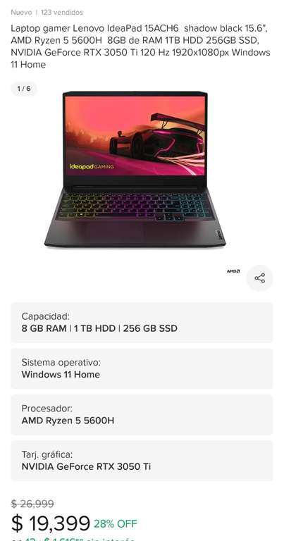 Mercado Libre: Laptop gamer Lenovo IdeaPad 15ACH6 shadow black 15.6", AMD Ryzen 5 5600H 8GB de RAM 1TB HDD 256GB SSD, NVIDIA RTX 3050 Ti