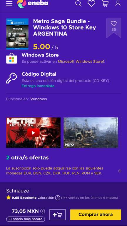 Eneba: Metro Saga Windows Store PC (VPN Argentina, se puede bajar y jugar desde la app de Xbox para PC)