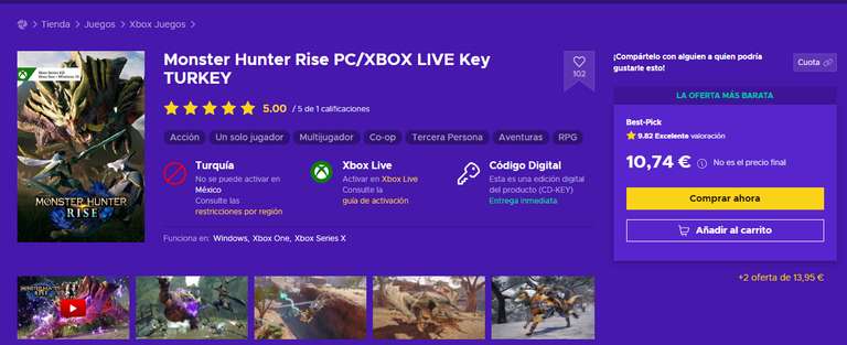 Eneba: Monster Hunter Rise, Xbox key Turquía