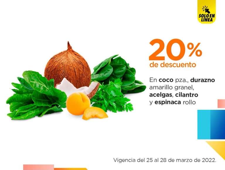 Chedraui: 20% de descuento en coco por pieza, durazno amarillo a granel, acelgas, cilantro y espinacas por rollo (Exclusiva tienda en línea)