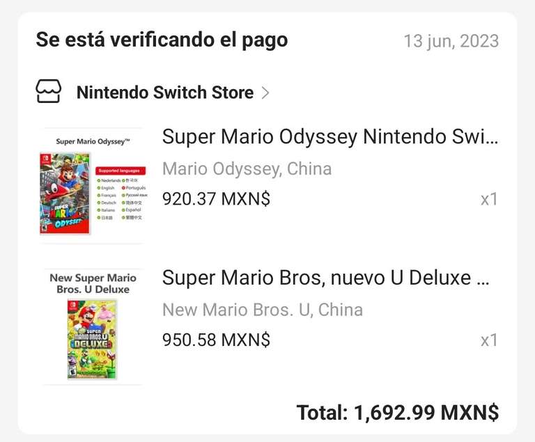 AliExpress: Mario Odyssey + New super Mario Bros AliExpress nintendo switch con Mercado Pago $1524