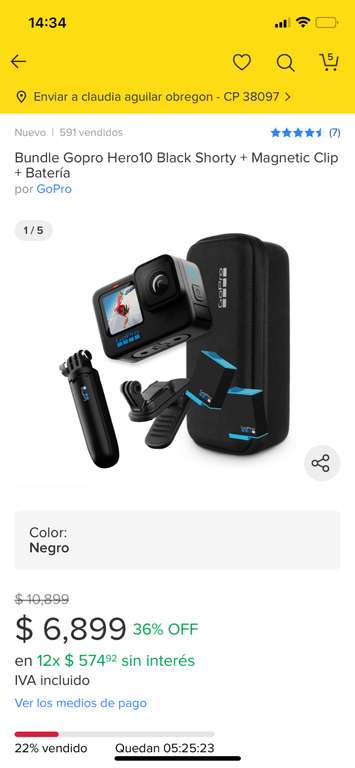 MERCADO LIBRE - Bundle Gopro Hero10 Black Shorty + Magnetic Clip + Batería | Pagando con MasterCard