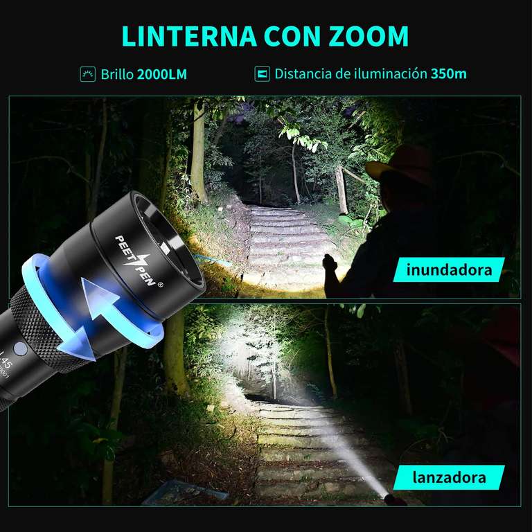 Amazon: Peetpen L45. Linterna LED de 2000 lúmenes rechargeable USB, linterna con zoom.