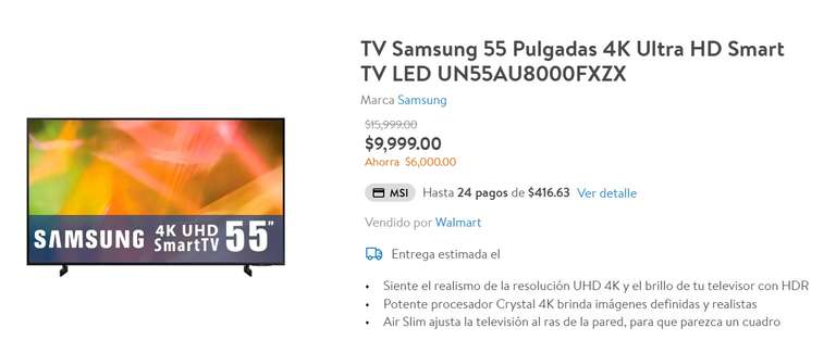 Walmart: Samsung AU8000 55" (18 MSI Y BONIFICACION 800$ PAGANDO CON TARJETA DE CREDITO BBVA)