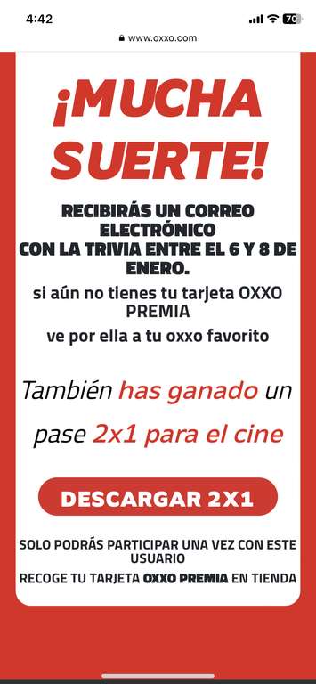 Promo Oxxo 2x1 Cine y Trivia por actualizar tus datos