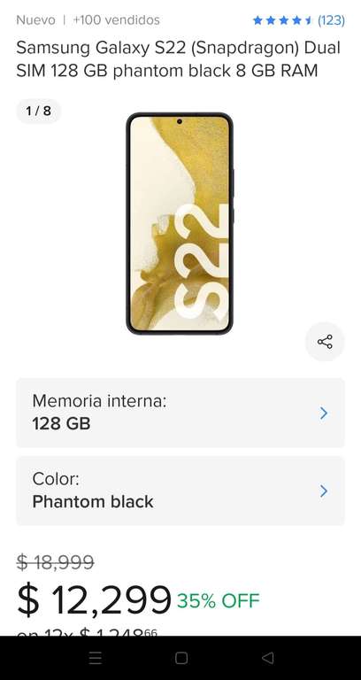 Mercado Libre: Samsung Galaxy S22 (Snapdragon) Dual SIM 128 GB phantom black 8 GB RAM