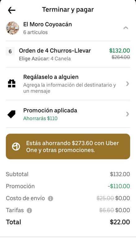 Uber Eats [Siendo One]: El Moro Coyoacán - 6 órdenes de 4 churros por $22 | (Leer descripción)