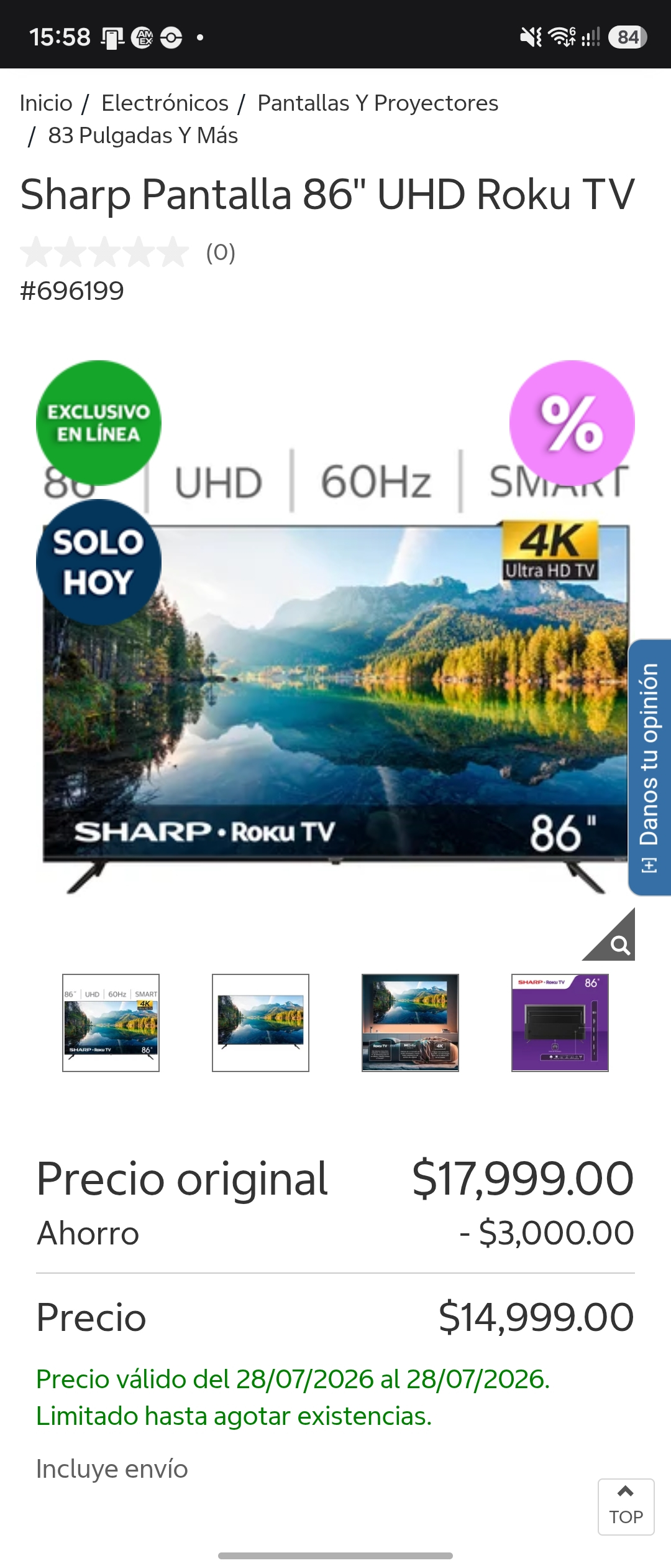 Sharp Pantalla 86" UHD Roku TV en costco