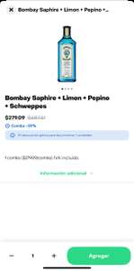 Rappi: Bombay saphire+5 limones, 2 pepinos y refresco