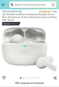Amazon: JBL Vibe Beam Audífonos Inalámbricos Bluetooth, Drivers 8mm, Reproducción 32 Horas, Resistentes al Agua y al Polvo IP56 - Blanco