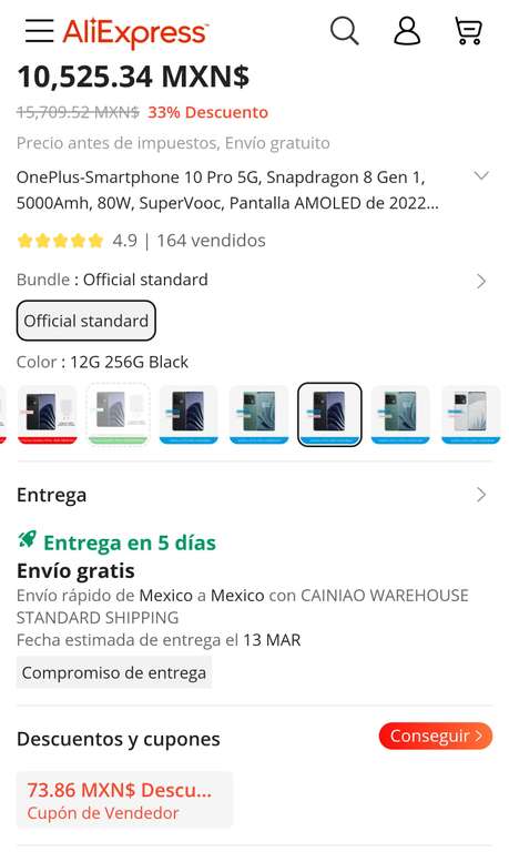 AliExpress: (Enviado desde México) 12/256 OnePlus 10 Pro 5G Smartphone Snapdagon 8 Gen 1 5000Amh 80W SuperVooc.