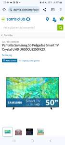 Sam's Club: Pantalla Samsung 50 Pulgadas Smart TV Crystal UHD UN50CU8200FXZX