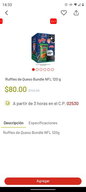 SORIANA: PAQUETE DE RUFLES MAS GORRA NFL al 2x1 ($40 c/u)