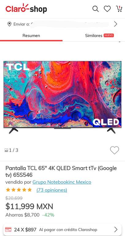 Claro shop: Pantalla 65" TCL QLED smartv con Google