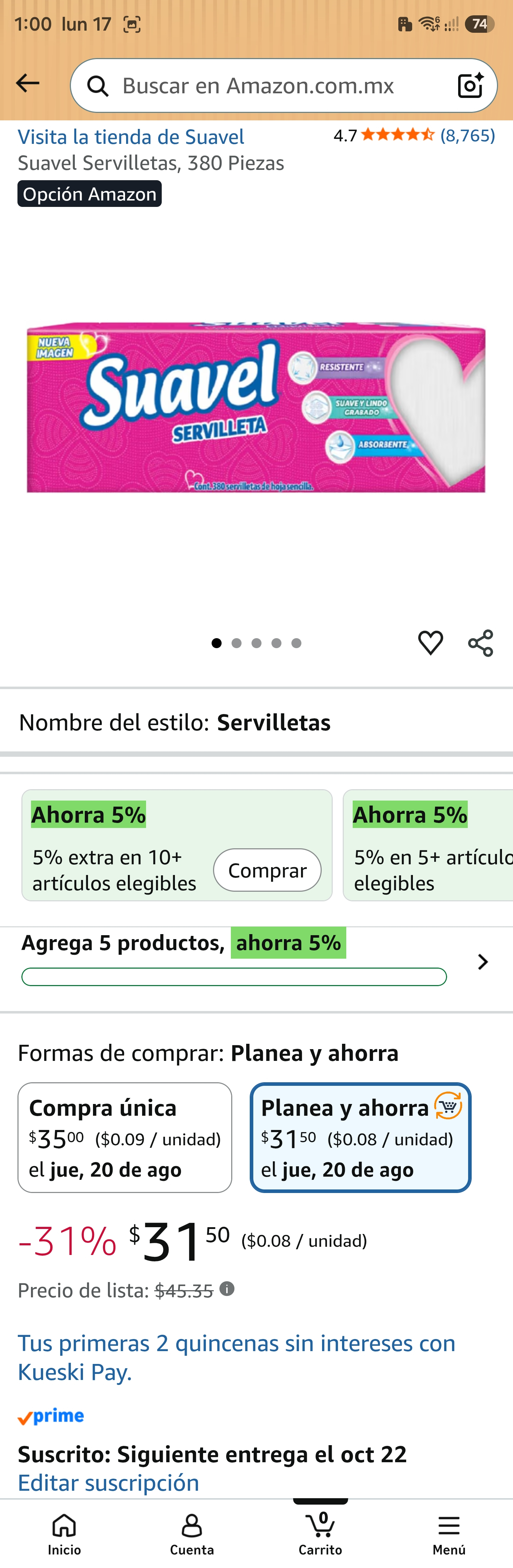 Amazon - Servilletas Suavel 380 piezas - Planea y ahorra