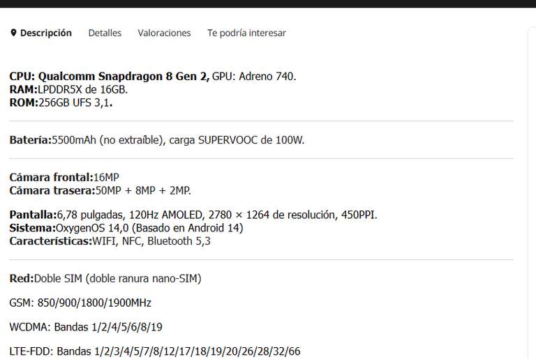 Aliexpress Oneplus 12R 5G versión Global, Snapdragon 8 Gen 2