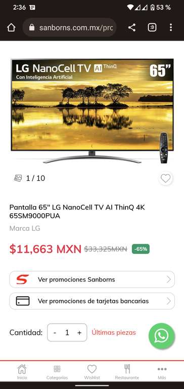 Sanborns Pantalla 65" LG NanoCell TV AI ThinQ 4K 65SM9000PUA
