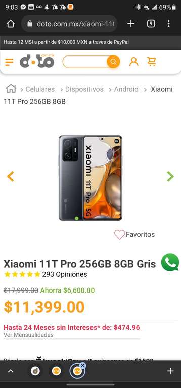Doto: Xiaomi 11t pro 8ram 256gb 120w pagando con kueski pay