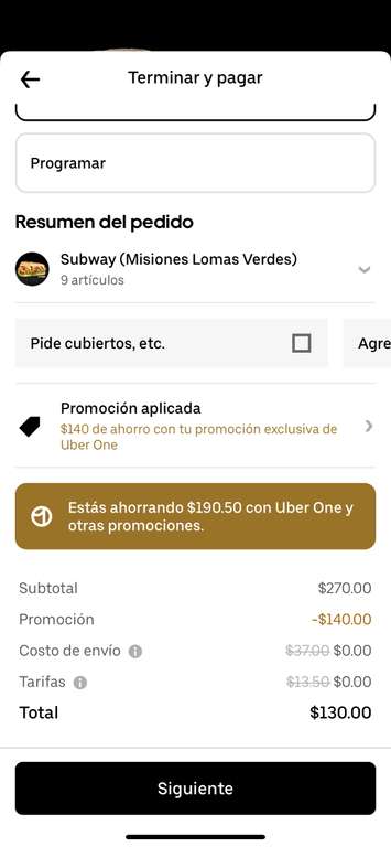 Uber Eats subway shoping plaza lomas verdes 9 subways por 130 pesos con Uber one