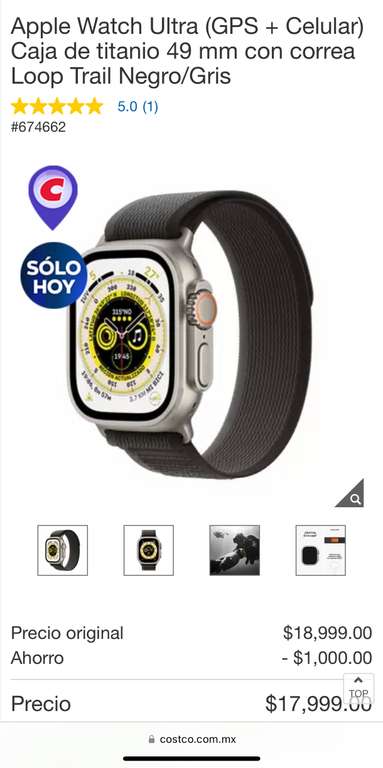 Costco: Apple Watch Ultra (GPS + Celular) Caja de titanio 49mm | Pagando con PayPal
