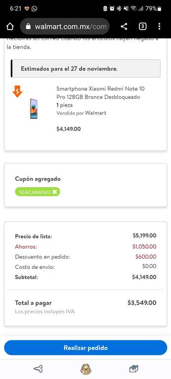 Walmart: Celular Xiaomi Redmi Note 10 pro