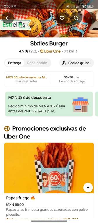 Uber Eats (Uber One) - Sixties Burger, 4 hamburguesas sencillas por $62