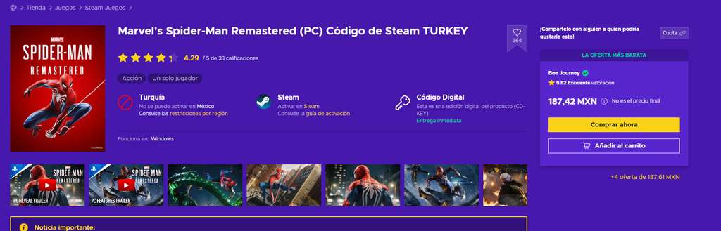 Buy Marvel's Spider-Man Remastered (PC) - Steam Key - TURKEY - Cheap -  !