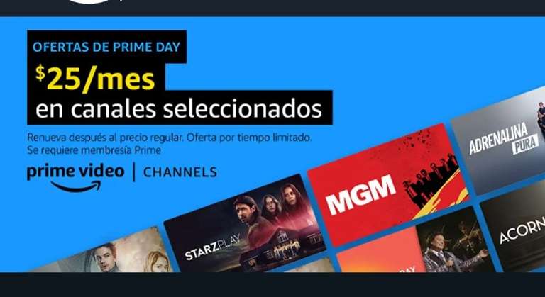 PRIMEDAY: Primevideo Canales a $25 x mes x 3 meses