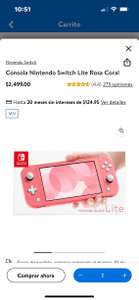Walmart: Consola Nintendo Switch Lite Rosa Coral (+ Cashback pagando con cashi)