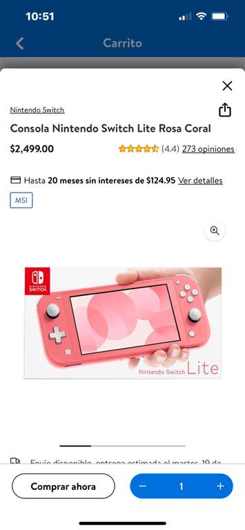 Walmart: Consola Nintendo Switch Lite Rosa Coral (+ Cashback pagando con cashi)