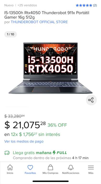 Mercado Libre: Laptop gamer I5-13500h Rtx4050 Thunderobot 911x Portátil Gamer 16g 512g