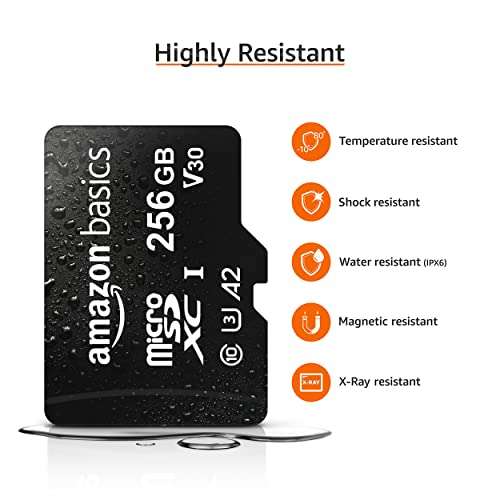 Amazon Basics - Tarjeta de memoria microSDXC con adaptador de tamaño completo, A2, U3, velocidad de lectura de hasta 100 MB/s, 256 GB