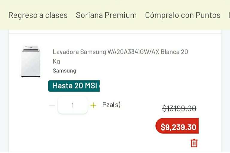 Soriana Lavadora Samsung WA20A3341GW/AX Blanca 20 Kg