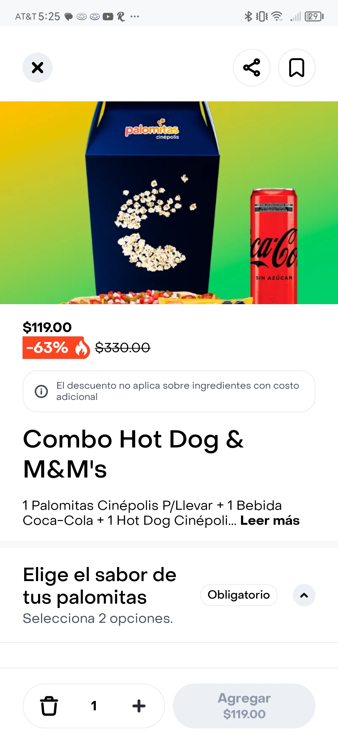 Rappi Cinepolis: Combo Hot Dog y M&M's