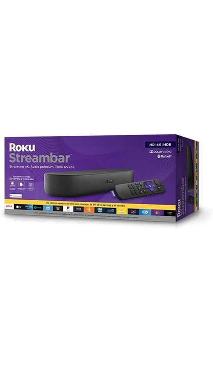 Amazon ROKU Streambar Dispositivo de Streaming 4K/HD/HDR y Audio Premium, Todo en uno, Incluye Control Remoto de Voz