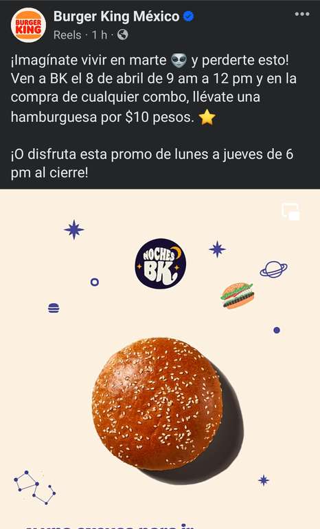 Burger King: Para disfrutar el eclipse Hamburguesa a $10 en la compra de cualquier combo