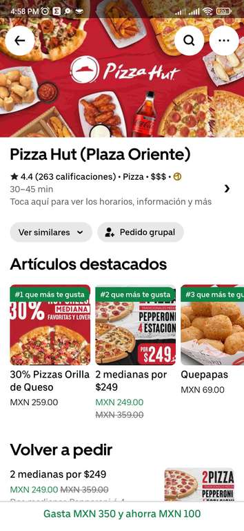 Uber Eats: 2 pizzas medianas por pizza hut por $149 Uber eats - Plaza oriente