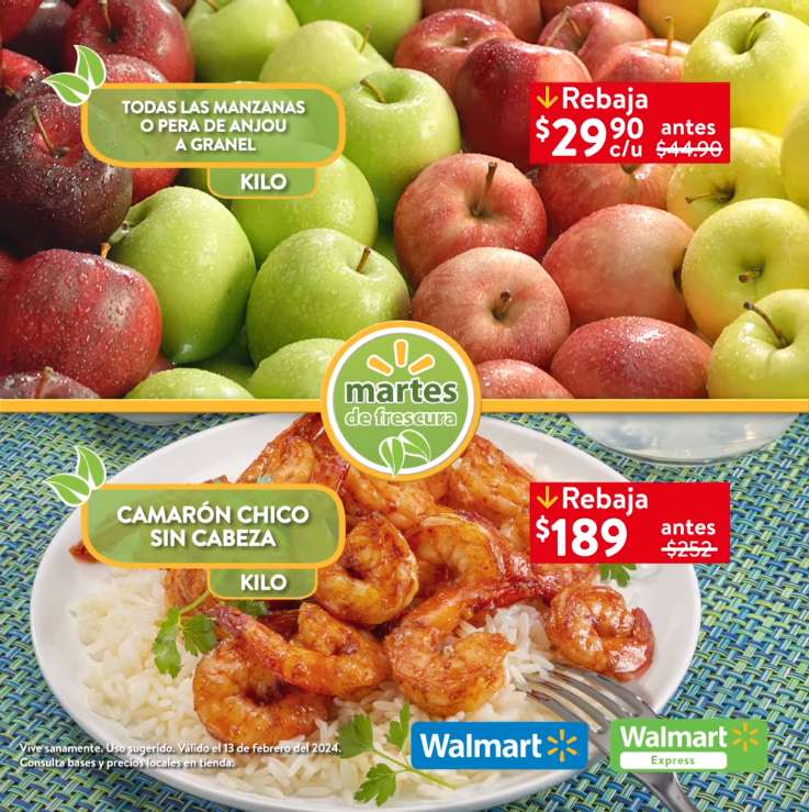 Walmart: Martes de Frescura 13 Febrero: Jitomate $12.90 kg • Melón ó Papaya $19.90 kg • Todas las Manzanas ó Pera de Anjou ó Bosc $29.90 kg