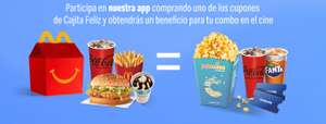 McDonald's: Compra un cupón para cajita feliz (app), registralo y recibe descuento para un comboleto Cinépolis (2 boletos + combo cuates)