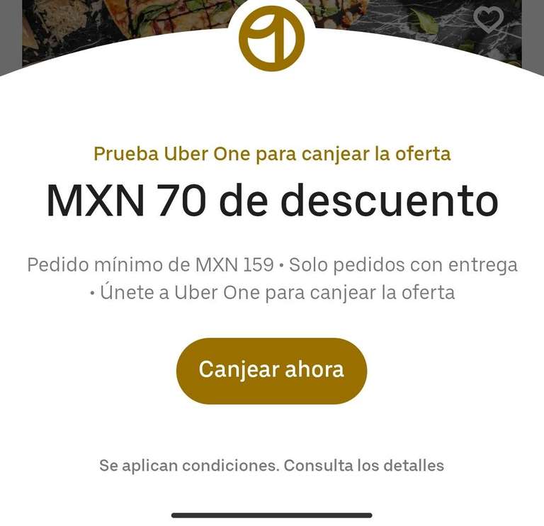 Uber eats 70 MXN de descuento para Uber eats one (usuarios seleccionados)