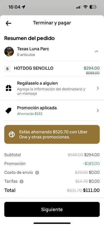 Uber eats: 6 Hot dog con papas $111 Texas luna parc (Uber One)