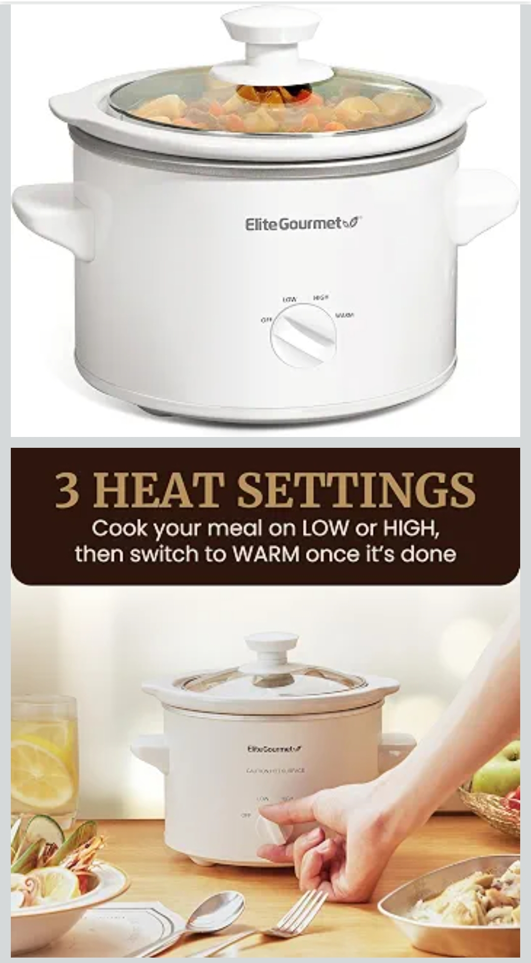 Amazon- Elite Gourmet MST-250XW - Olla de cerámica eléctrica de cocción lenta con temperatura ajustable, tapa de vidrio apta para lavaplatos