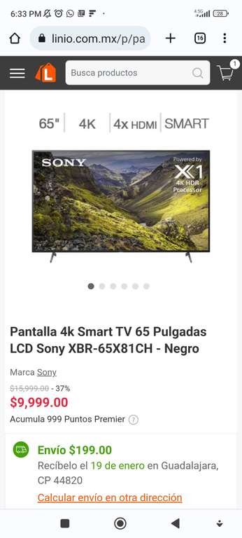 Linio: Pantalla 4k Smart TV 65 Pulgadas LCD Sony XBR-65X81CH - Negro con PayPal