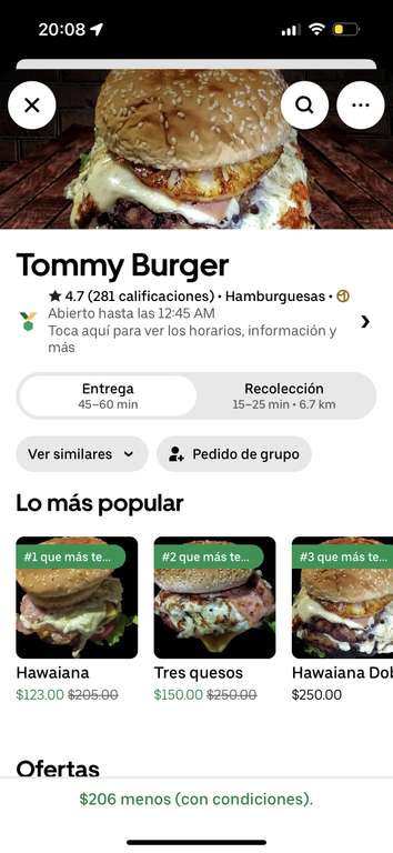Uber Eats: 2 hamburguesas por 99 pesos en “Tommy Burger”